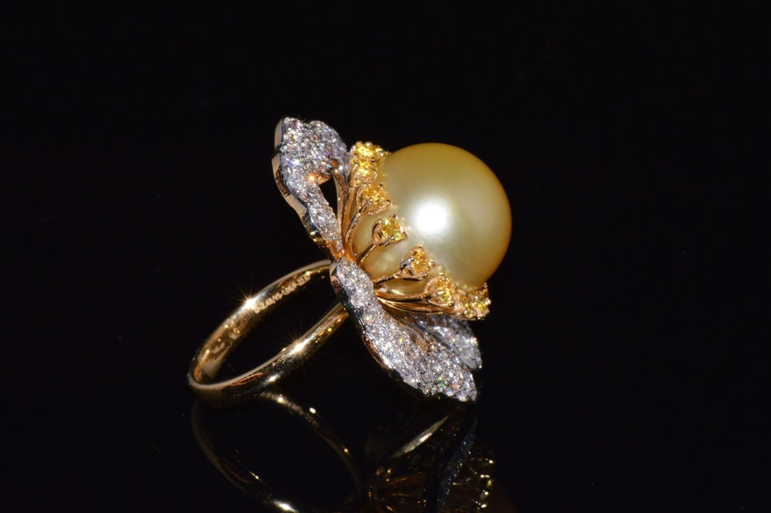 Certified Natural 26Cts VS F Diamond 15MM South Sea Pearl Sapphire 18K Solid Gold Floral Cluster Ring