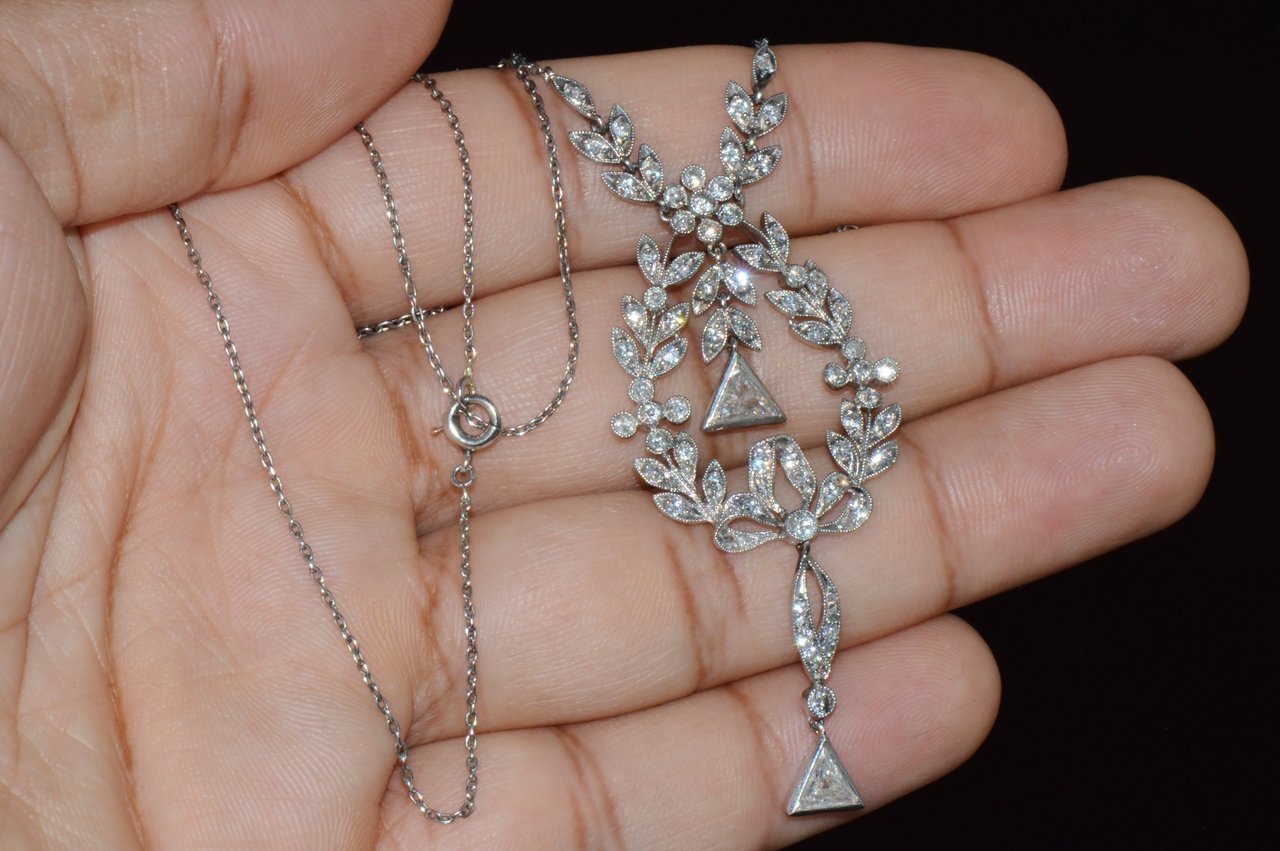 Estate Belle Epoque Edwardian Natural 2.44Cts Old European Cut Diamond Platinum Necklace
