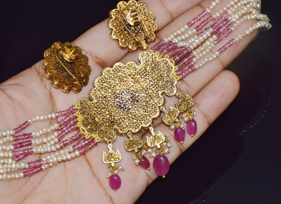 Natural 121.63Cts Tanzanite Uncut Diamond Pearl Ruby Tourmaline Solid 18K Gold Choker Necklace & Earrings Set
