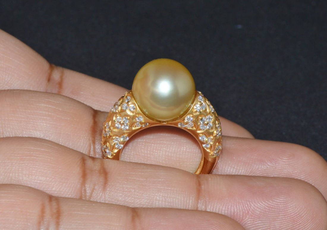 Certified Natural 1.31Cts VS F Diamond 13MM South Sea Pearl 18K Solid Gold Ring