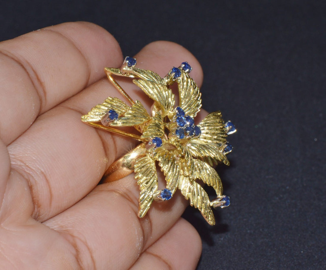 Gorgeous Natural 1.10Cts Sapphire 18K 750 Solid Gold Floral Cocktail Ring
