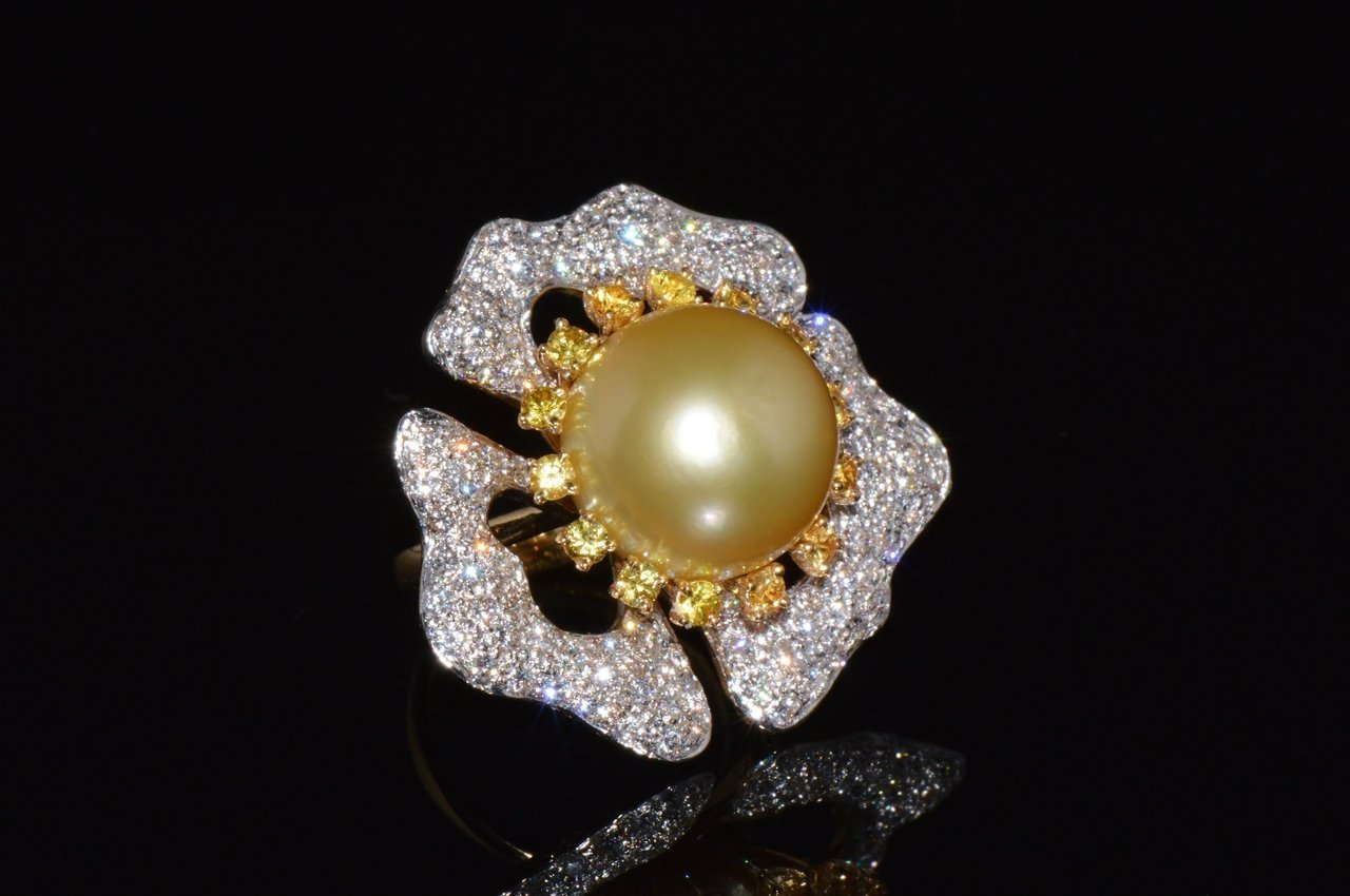 Certified Natural 26Cts VS F Diamond 15MM South Sea Pearl Sapphire 18K Solid Gold Floral Cluster Ring
