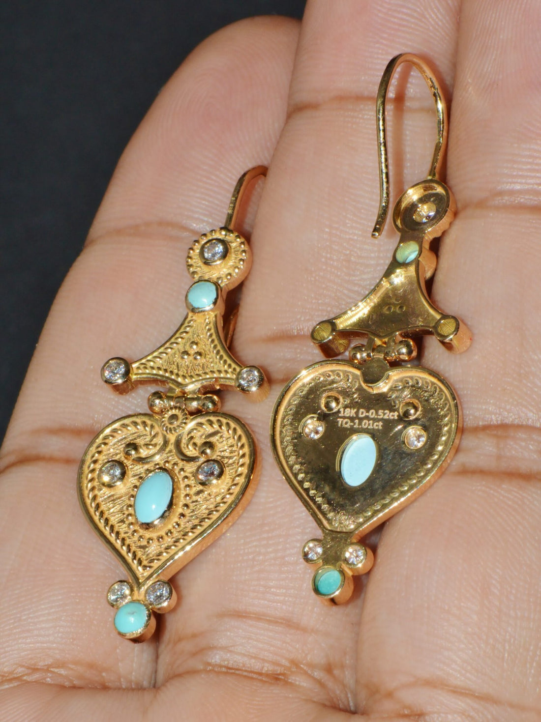 Gorgeous Natural Diamond Turquoise 18K Solid Gold Byzantine Beaded Greek Dangle Earrings