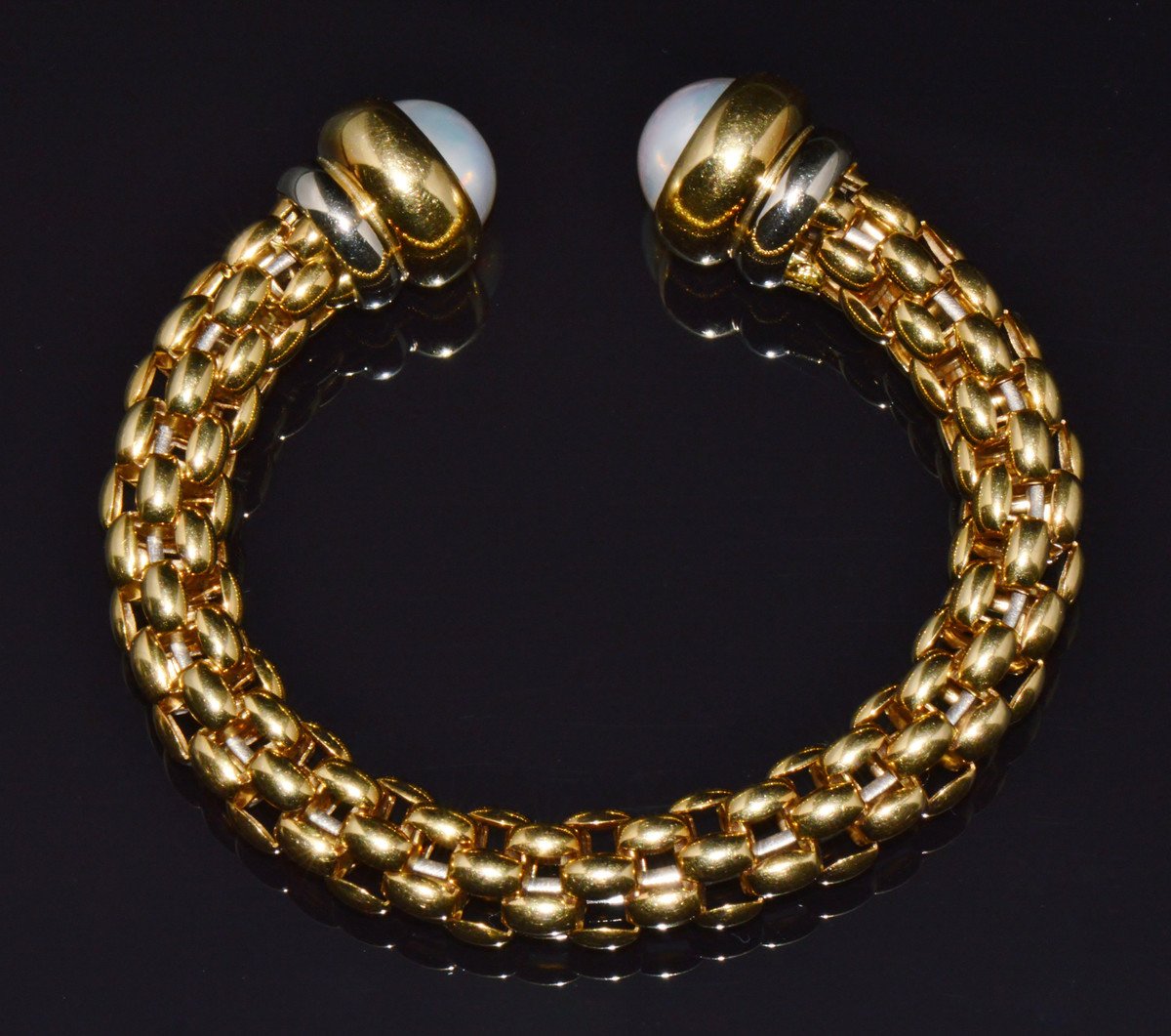 Vintage FOPE Flex’it Solid 18K Gold Pearl Open Cuff Bangle Bracelet
