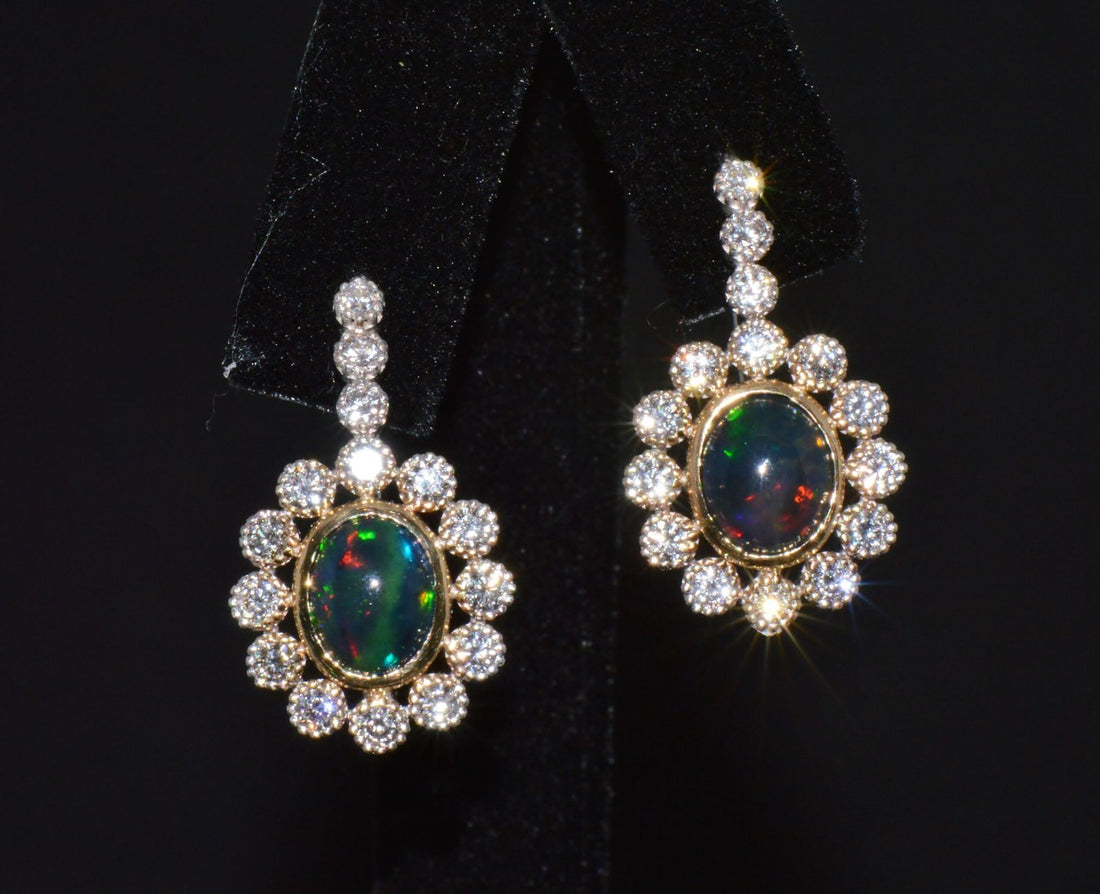 Certified Natural 4.52CTS VS F Diamond Black Opal 18K Solid Gold Halo Dangle Earrings