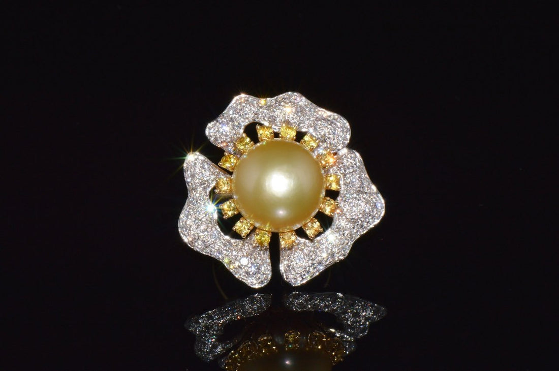 Certified Natural 26Cts VS F Diamond 15MM South Sea Pearl Sapphire 18K Solid Gold Floral Cluster Ring