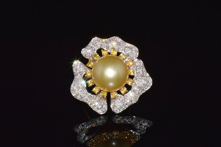 Certified Natural 26Cts VS F Diamond 15MM South Sea Pearl Sapphire 18K Solid Gold Floral Cluster Ring