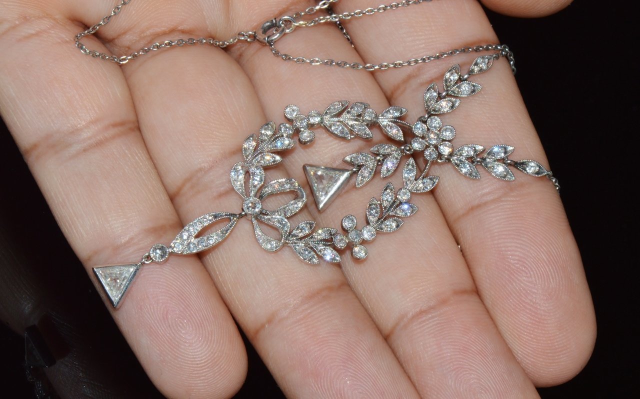 Estate Belle Epoque Edwardian Natural 2.44Cts Old European Cut Diamond Platinum Necklace
