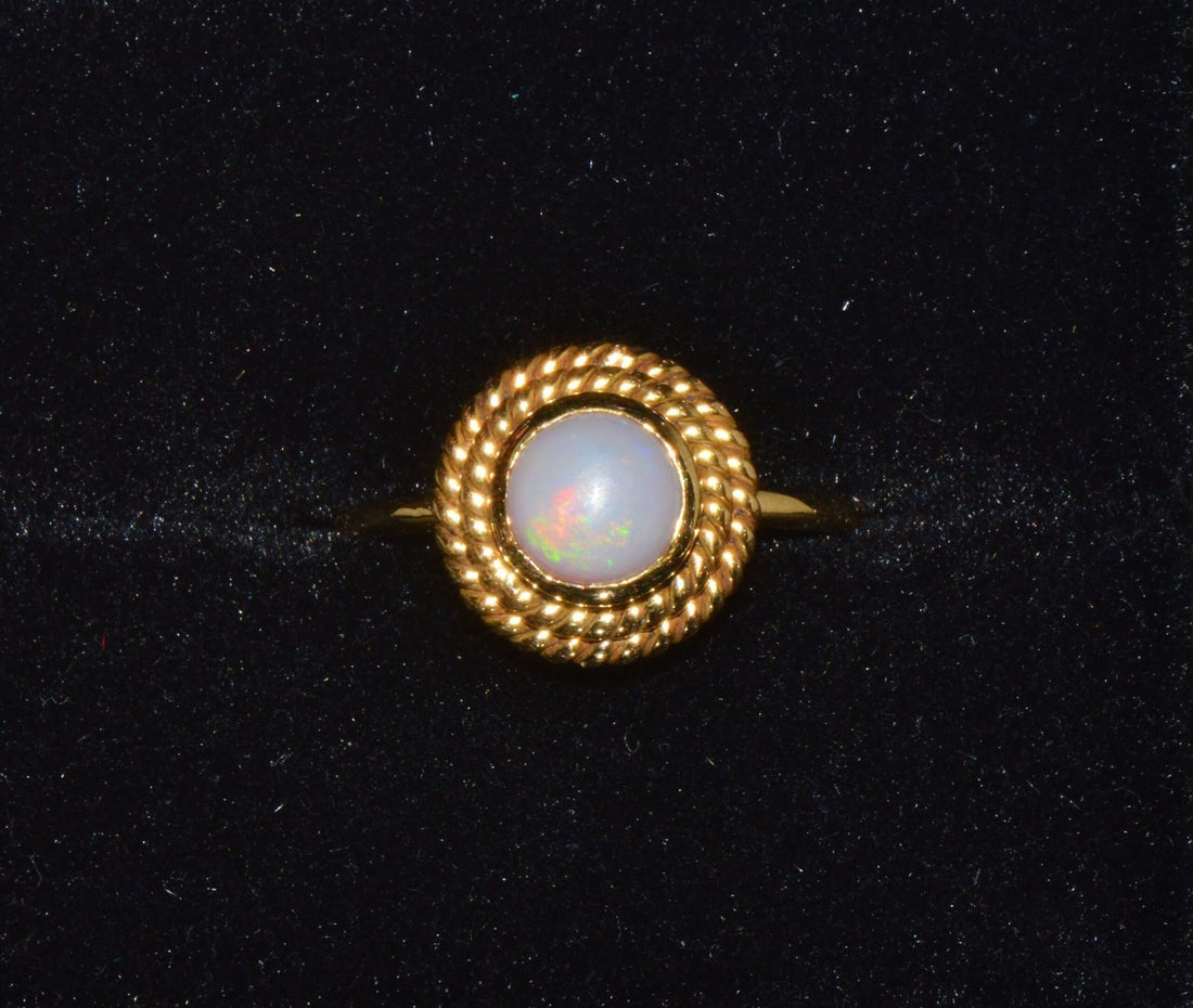 Certified Natural 1.18Cts Cabochon Opal 750 18K Solid Gold Bezel Filigree Stacking Ring