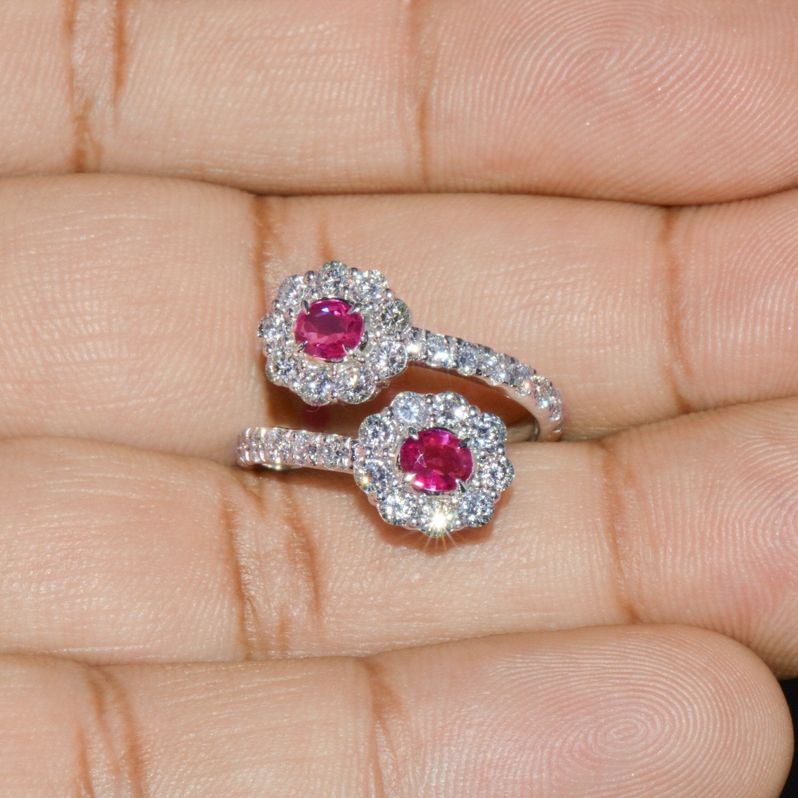 Certified Natural 2.08CTS Ruby Diamond Floral Bypass Halo Solid 18K White Gold Ring