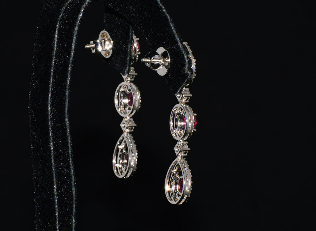 GIA 3.99CTW Natural Burma Ruby & Diamond 18K White Gold Dangle Earrings