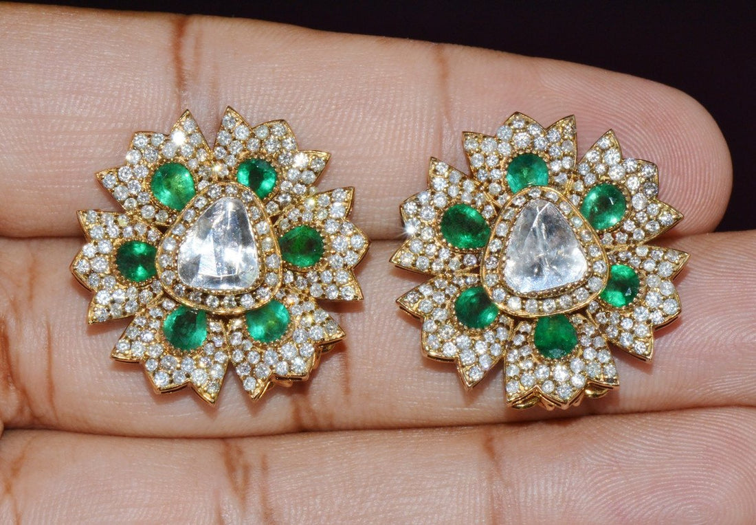 Estate Natural 6.40CTS Diamond & Emerald Solid 18K Gold Floral Earrings