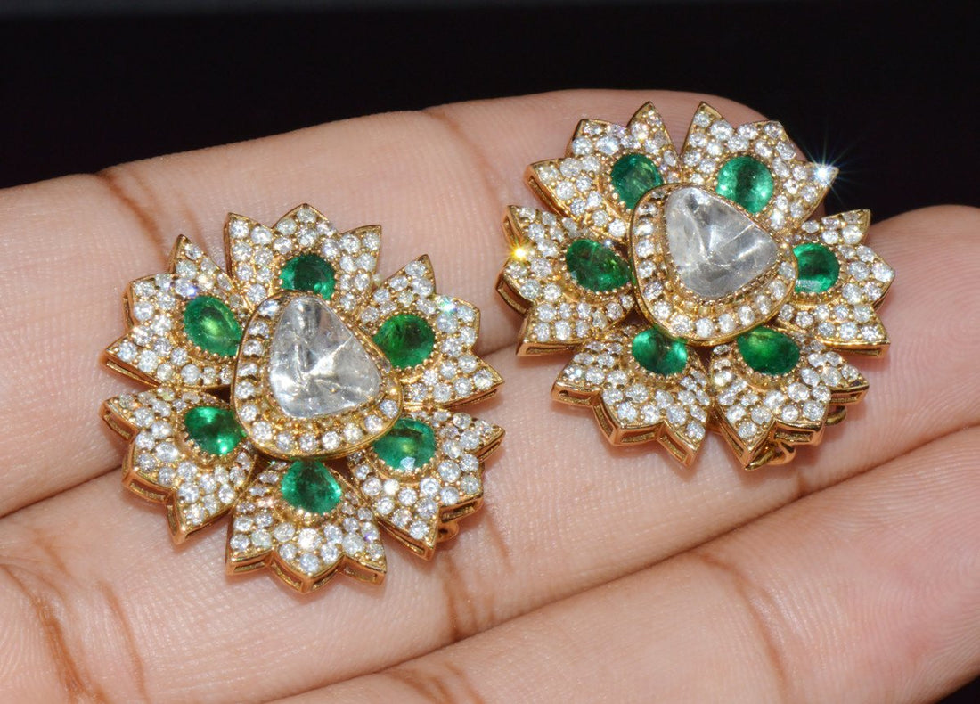 Estate Natural 6.40CTS Diamond & Emerald Solid 18K Gold Floral Earrings