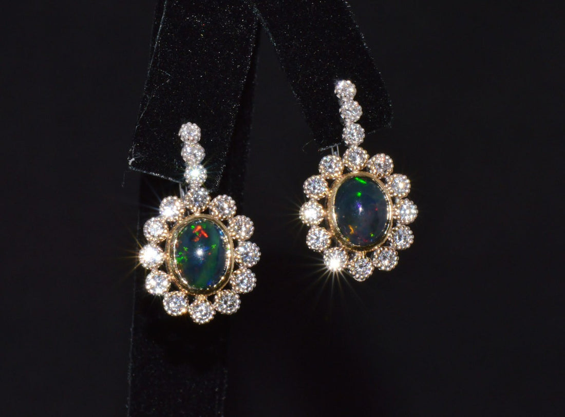 Certified Natural 4.52CTS VS F Diamond Black Opal 18K Solid Gold Halo Dangle Earrings