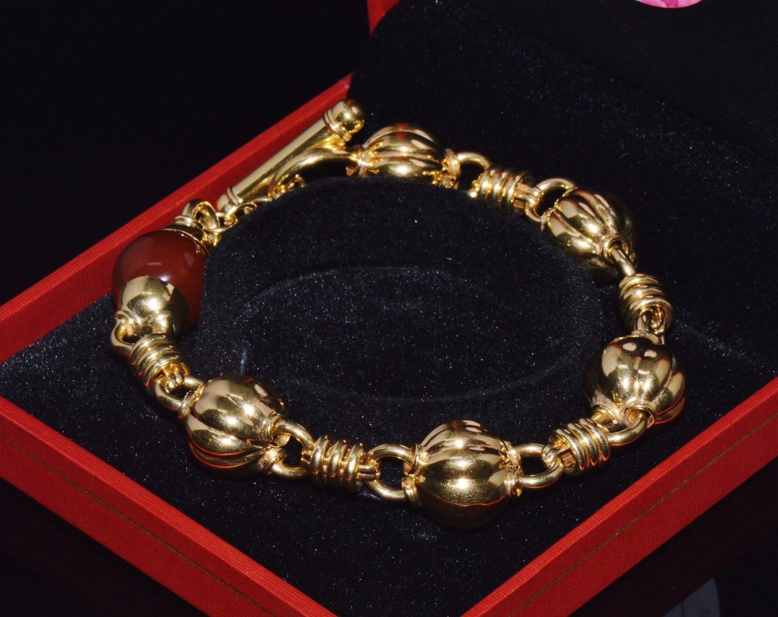Estate Primavera Preziosi Italian Solid 18K Gold Carnelian Bead Fluted Ball Toggle Bracelet