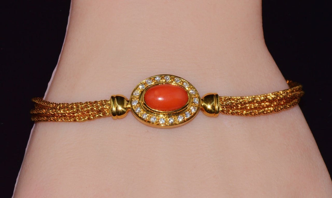 Designer Italian Natural Mediterranean Coral Diamond 18K Solid Gold Multi-Strand Bracelet