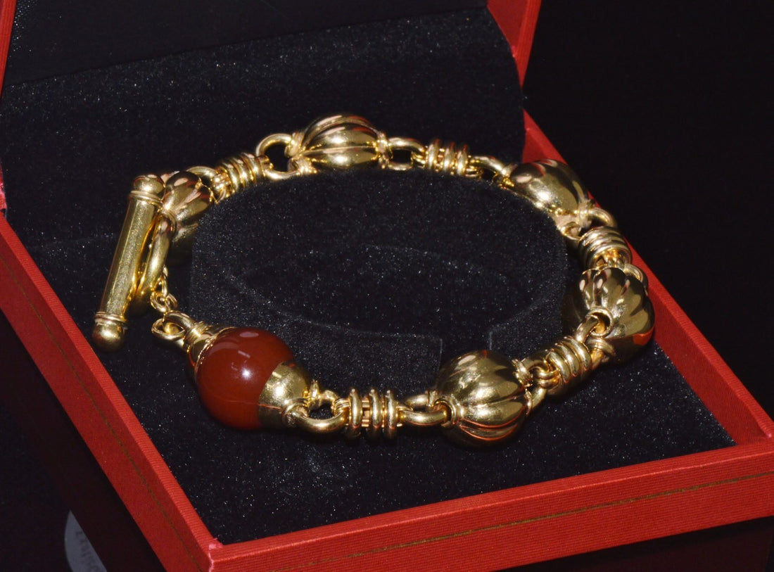 Estate Primavera Preziosi Italian Solid 18K Gold Carnelian Bead Fluted Ball Toggle Bracelet