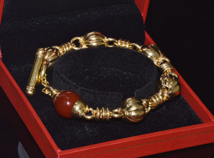 Estate Primavera Preziosi Italian Solid 18K Gold Carnelian Bead Fluted Ball Toggle Bracelet