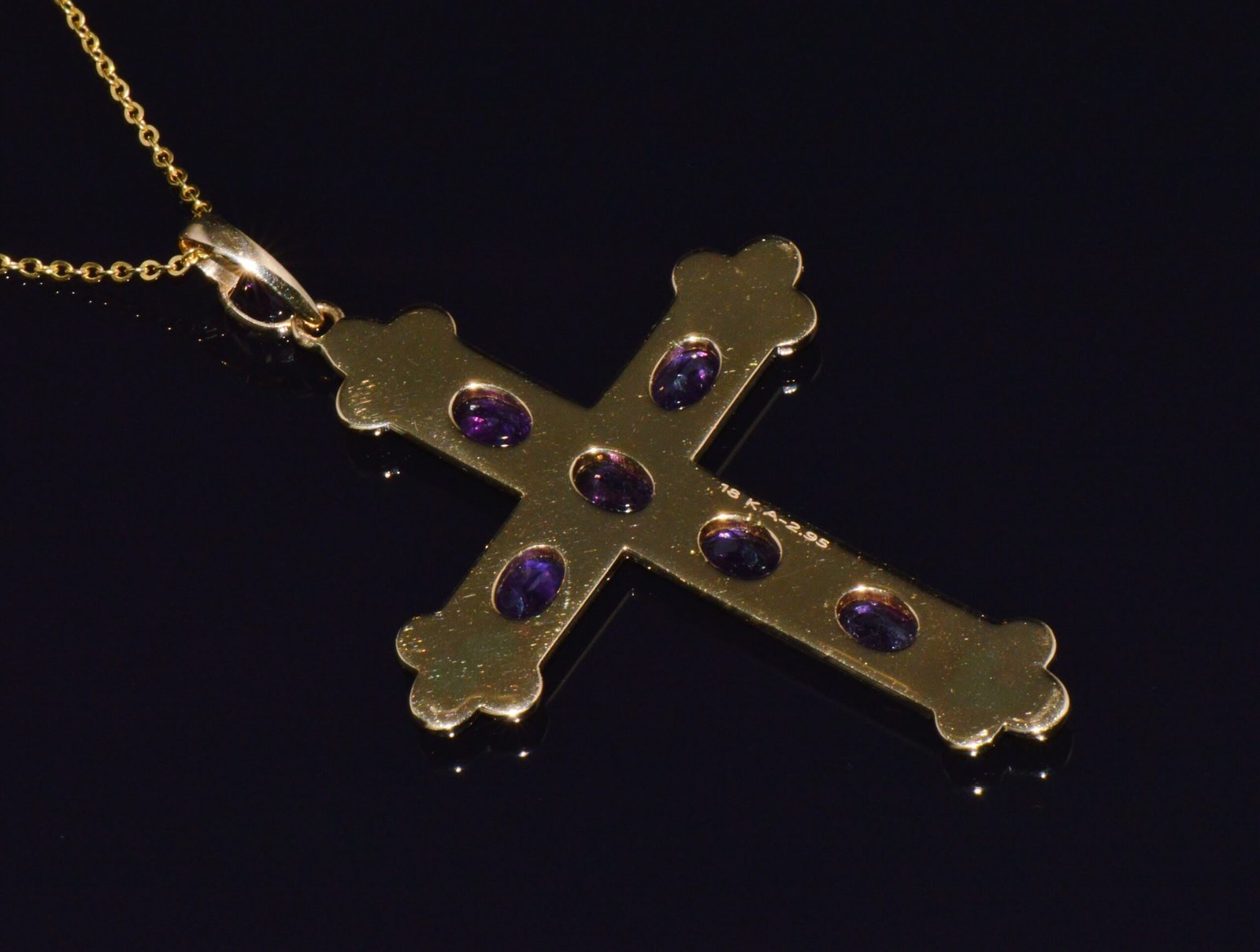 Certified Natural 2.95Cts Amethyst 18K 750 Solid Gold Engraved Cross Etruscan Pendant