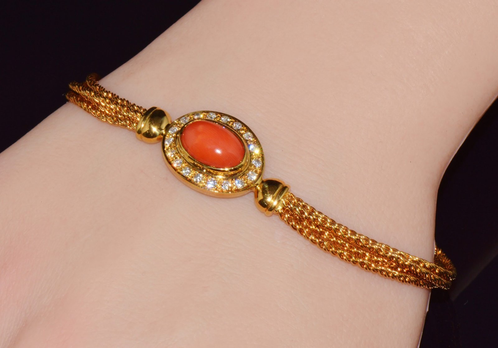 Designer Italian Natural Mediterranean Coral Diamond 18K Solid Gold Multi-Strand Bracelet