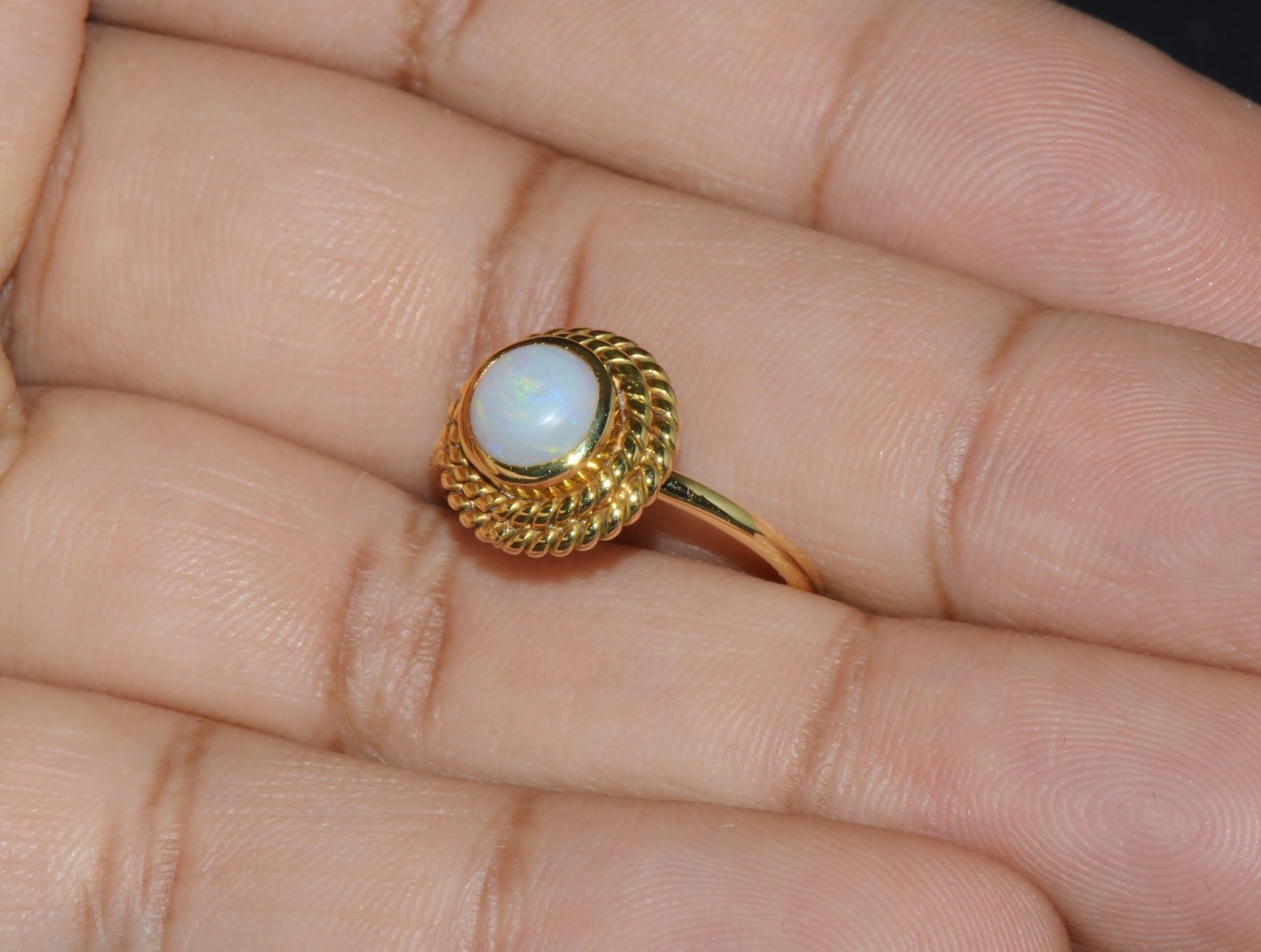 Certified Natural 1.18Cts Cabochon Opal 750 18K Solid Gold Bezel Filigree Stacking Ring