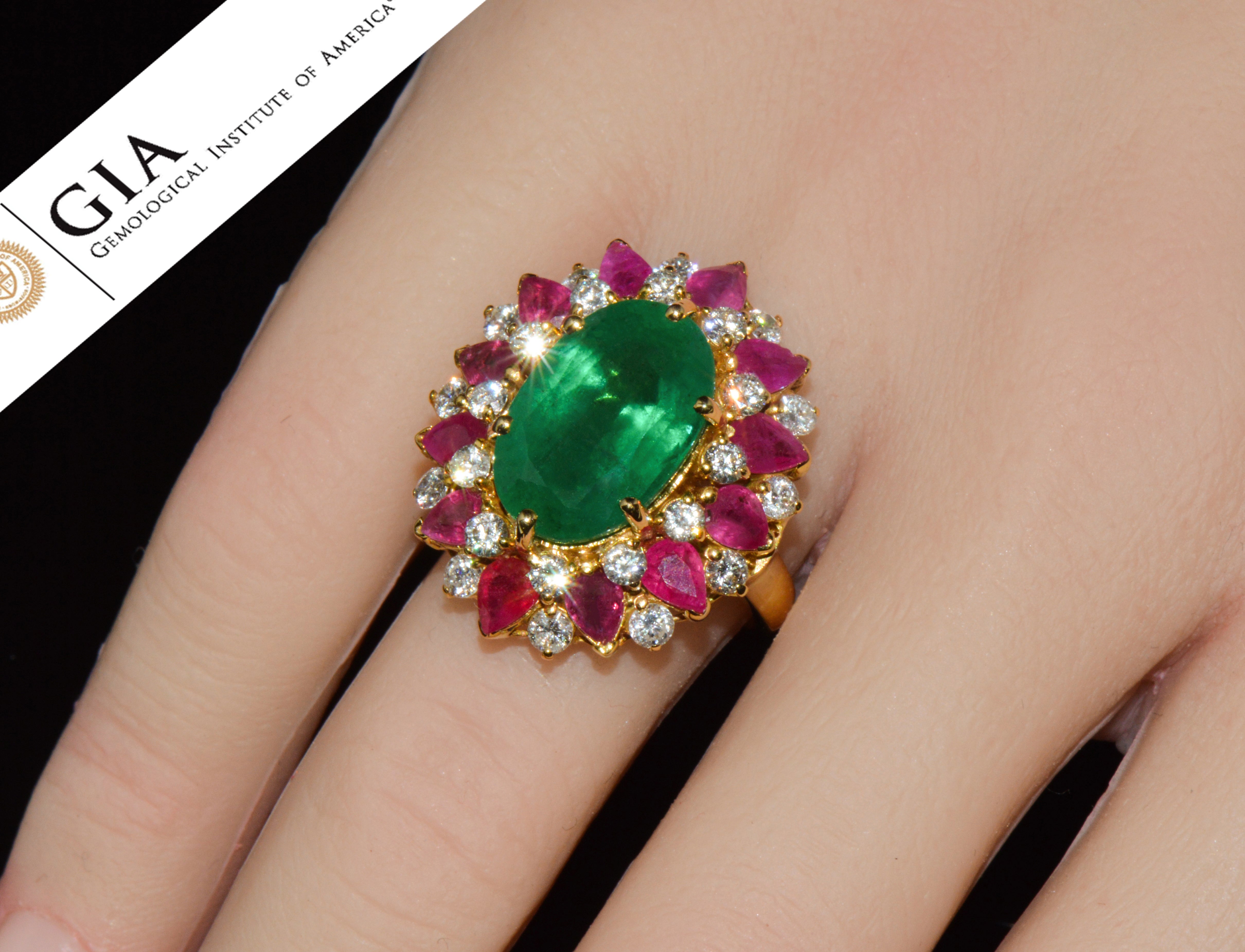 GIA Certified 11.39Ct Zambian Emerald, Ruby & Diamond 18K Gold Cocktail Ring