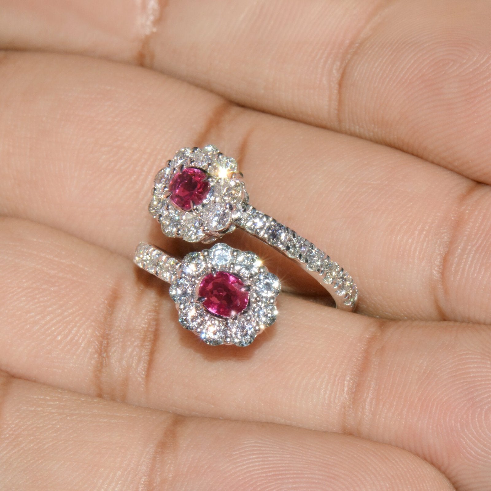 Certified Natural 2.08CTS Ruby Diamond Floral Bypass Halo Solid 18K White Gold Ring