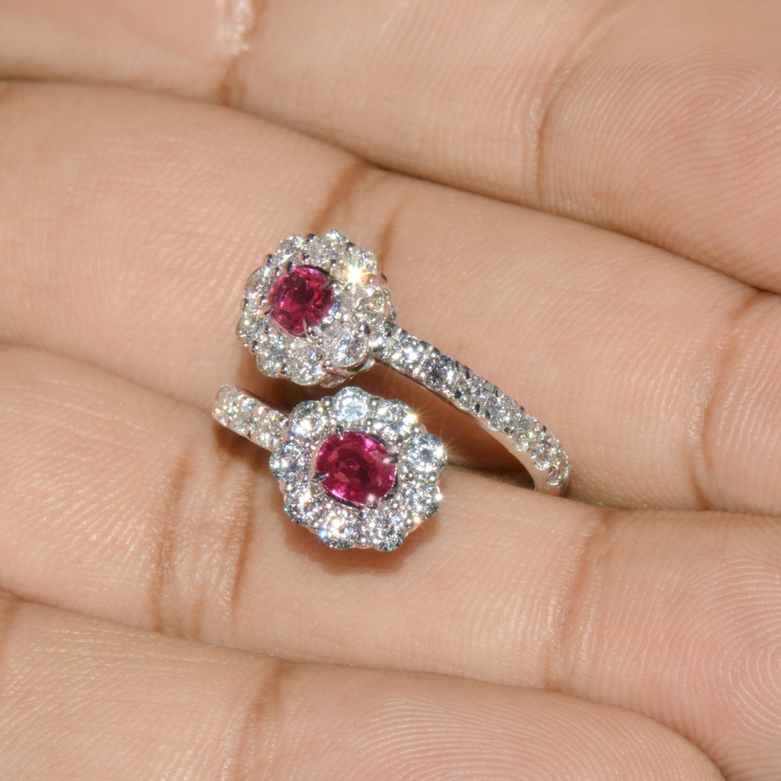 Certified Natural 2.08CTS Ruby Diamond Floral Bypass Halo Solid 18K White Gold Ring