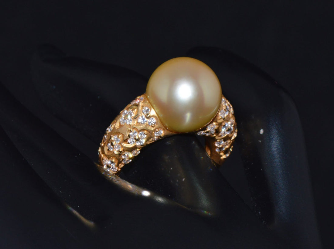 Certified Natural 1.31Cts VS F Diamond 13MM South Sea Pearl 18K Solid Gold Ring