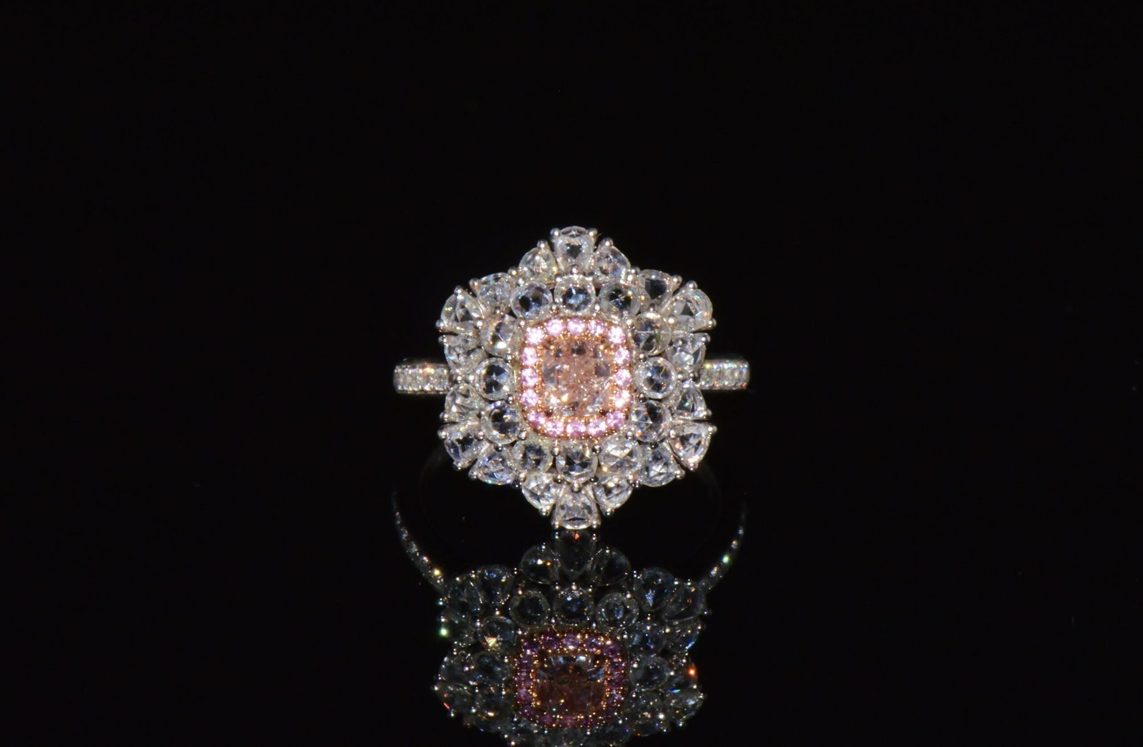 GIA Natural 1.55CTS VS Pink Diamond Sapphire 18K Gold Floral Halo 2-IN-1 Pendant Ring