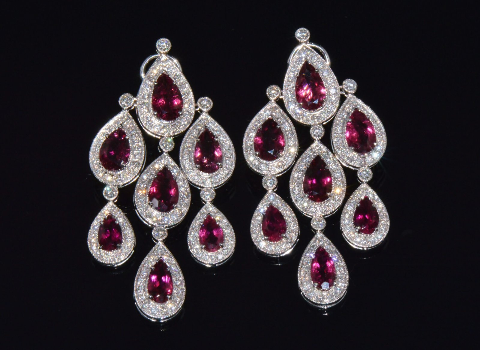 Certified Natural 23.53CTS VS F Diamond Rubellite Tourmaline Chandelier Halo Earrings