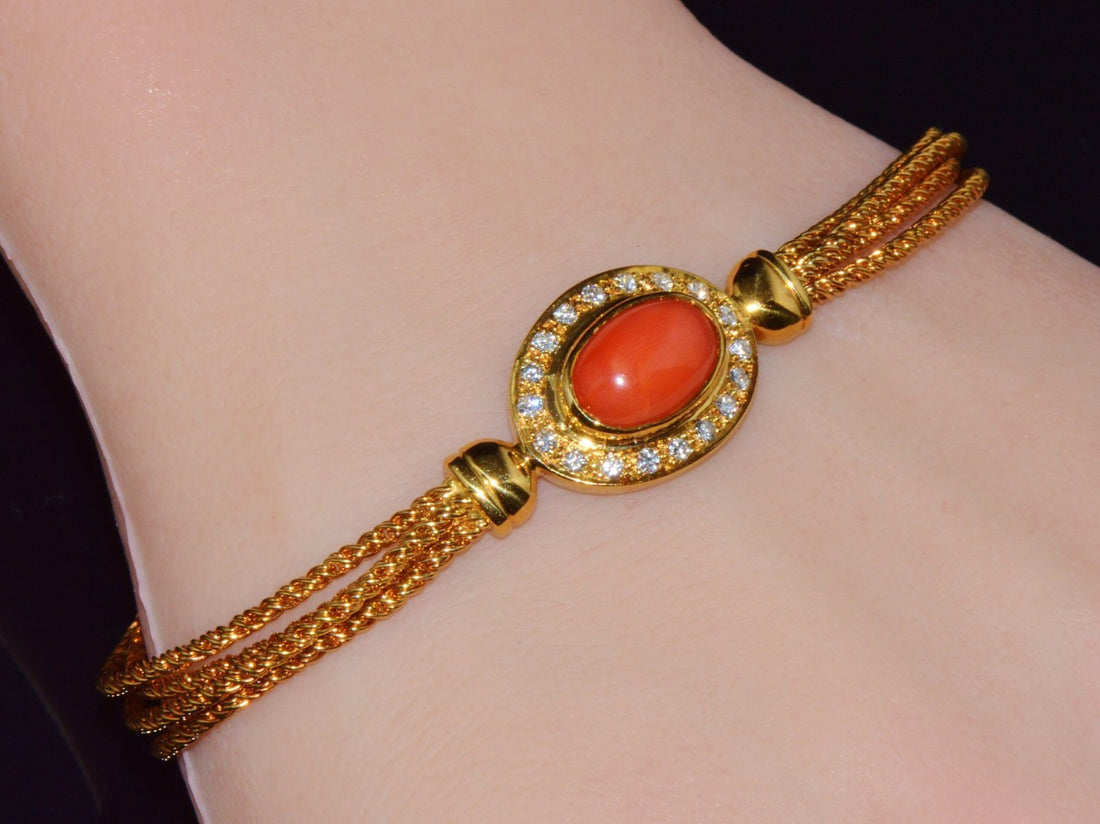 Designer Italian Natural Mediterranean Coral Diamond 18K Solid Gold Multi-Strand Bracelet
