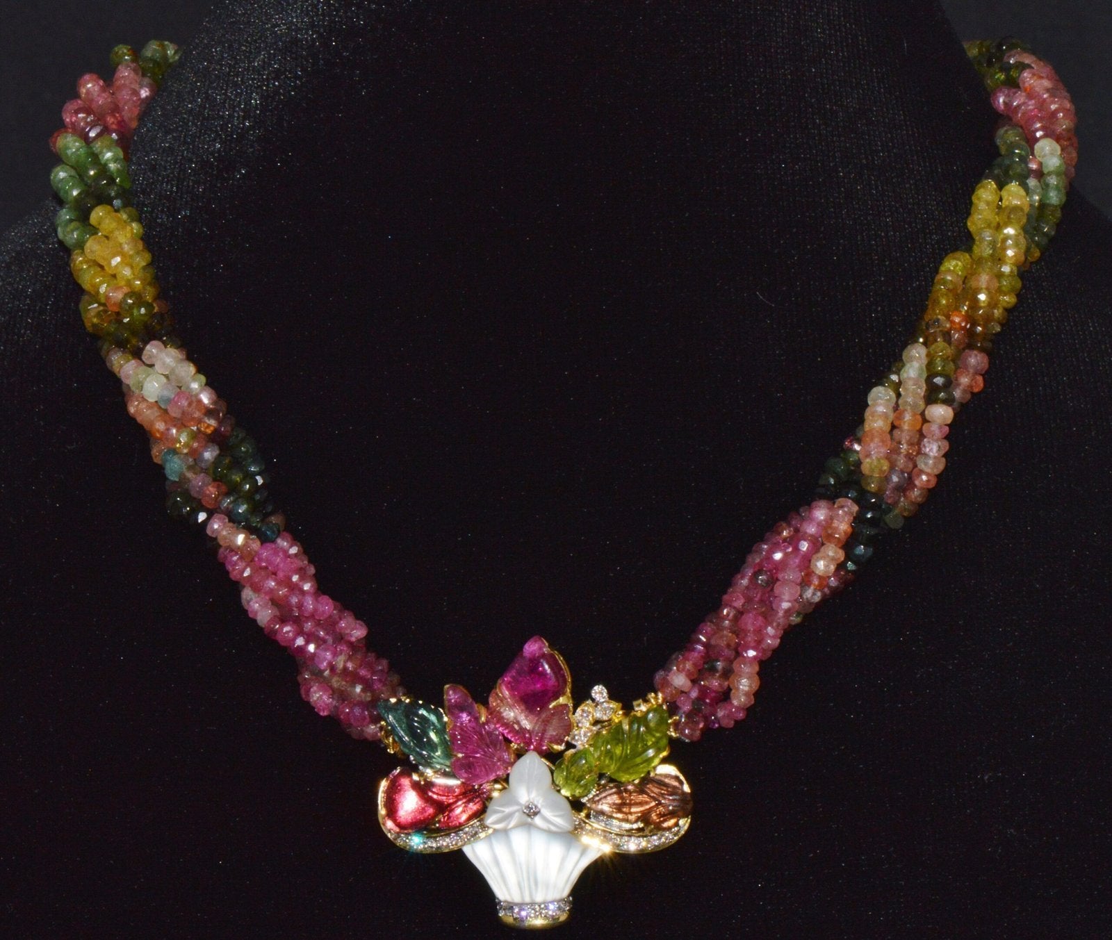 Certified Natural 281.22Cts SI H Diamond Multi Tourmaline Peridot 18K Gold Pendant Brooch Necklace