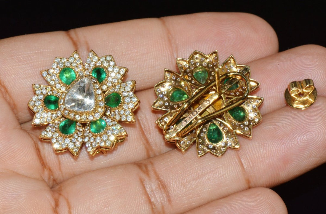Estate Natural 6.40CTS Diamond & Emerald Solid 18K Gold Floral Earrings