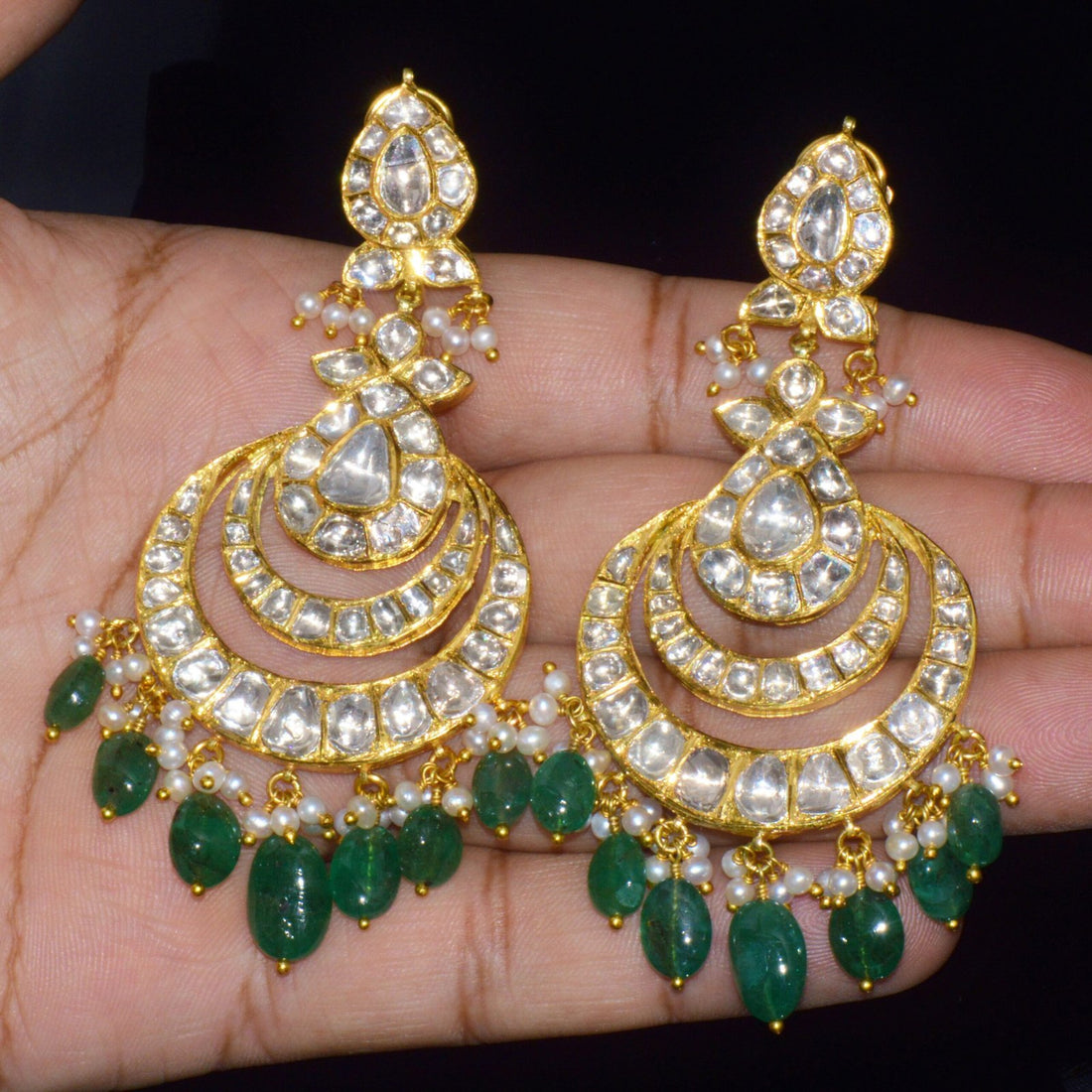 Estate Natural 36.6CTS Polki Diamond Emerald 22K 18K Gold Chandelier Earrings