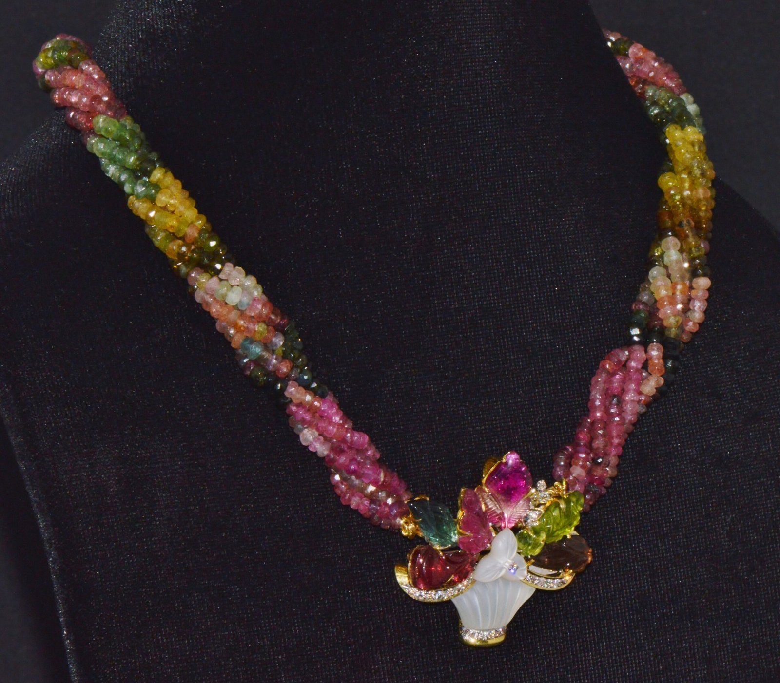 Certified Natural 281.22Cts SI H Diamond Multi Tourmaline Peridot 18K Gold Pendant Brooch Necklace