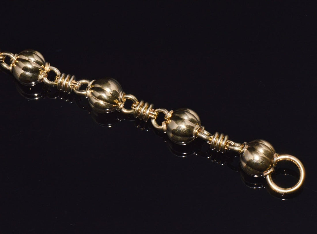 Estate Primavera Preziosi Italian Solid 18K Gold Carnelian Bead Fluted Ball Toggle Bracelet