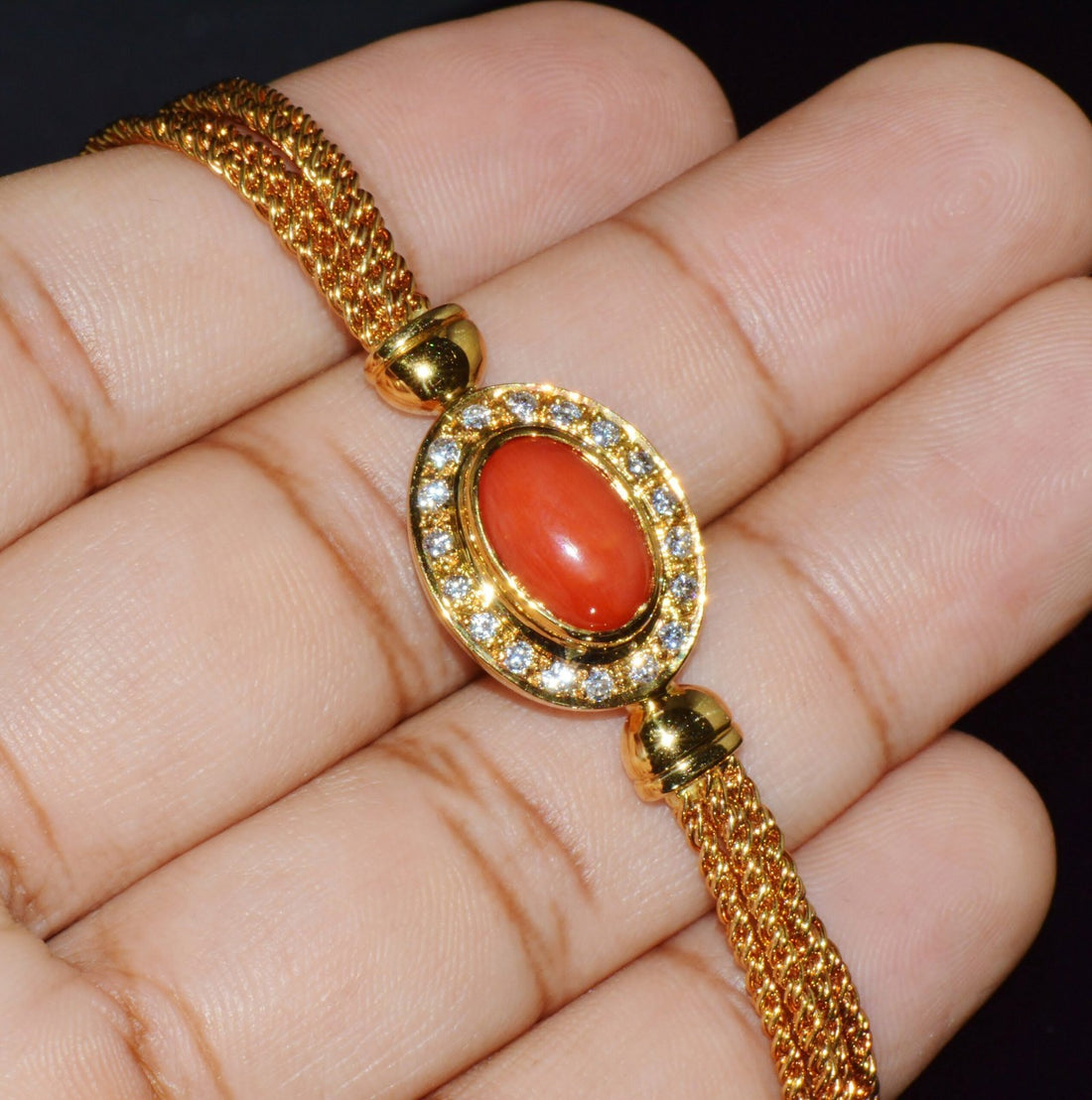 Designer Italian Natural Mediterranean Coral Diamond 18K Solid Gold Multi-Strand Bracelet