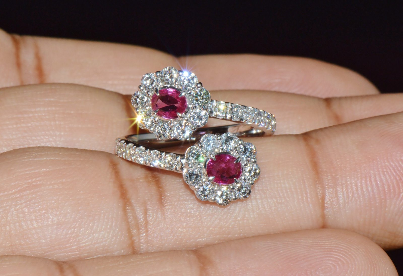 Certified Natural 2.08CTS Ruby Diamond Floral Bypass Halo Solid 18K White Gold Ring