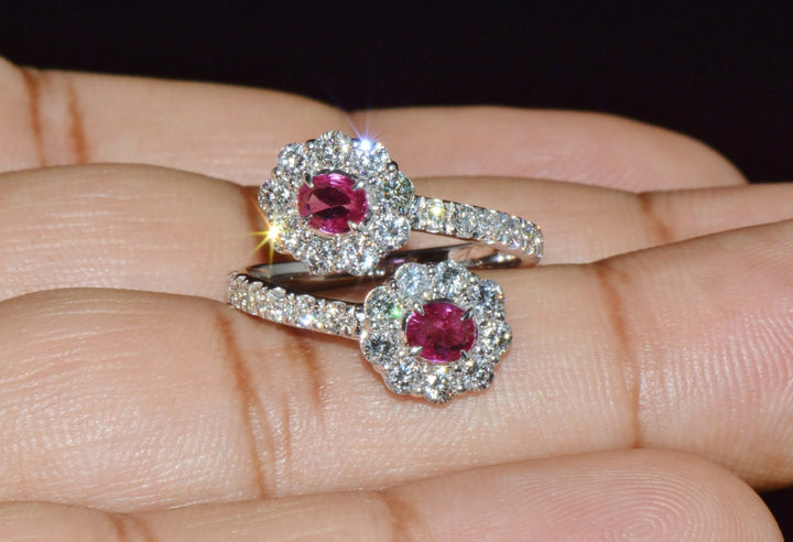 Certified Natural 2.08CTS Ruby Diamond Floral Bypass Halo Solid 18K White Gold Ring