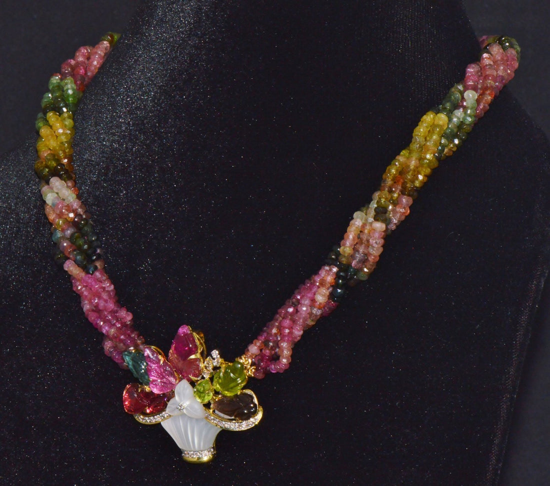 Certified Natural 281.22Cts SI H Diamond Multi Tourmaline Peridot 18K Gold Pendant Brooch Necklace
