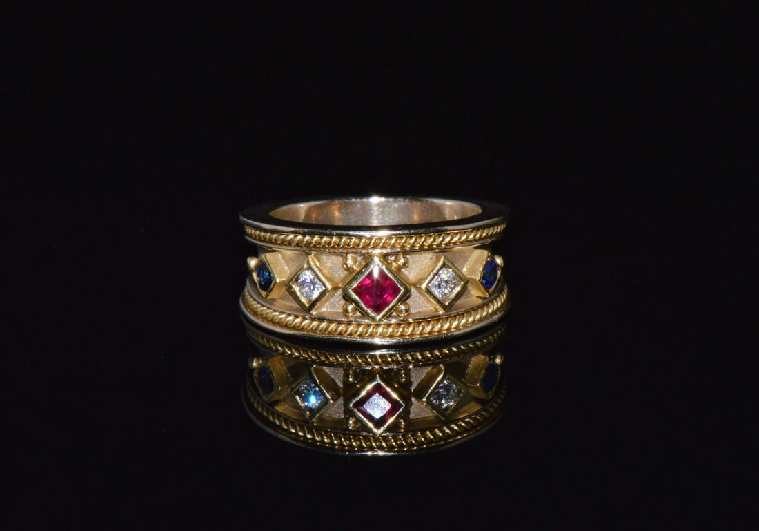Gorgeous Natural Diamond Ruby Sapphire 18K 750 Solid Gold Byzantine Beaded Greek Ring Band