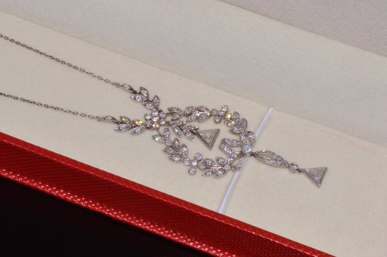 Estate Belle Epoque Edwardian Natural 2.44Cts Old European Cut Diamond Platinum Necklace