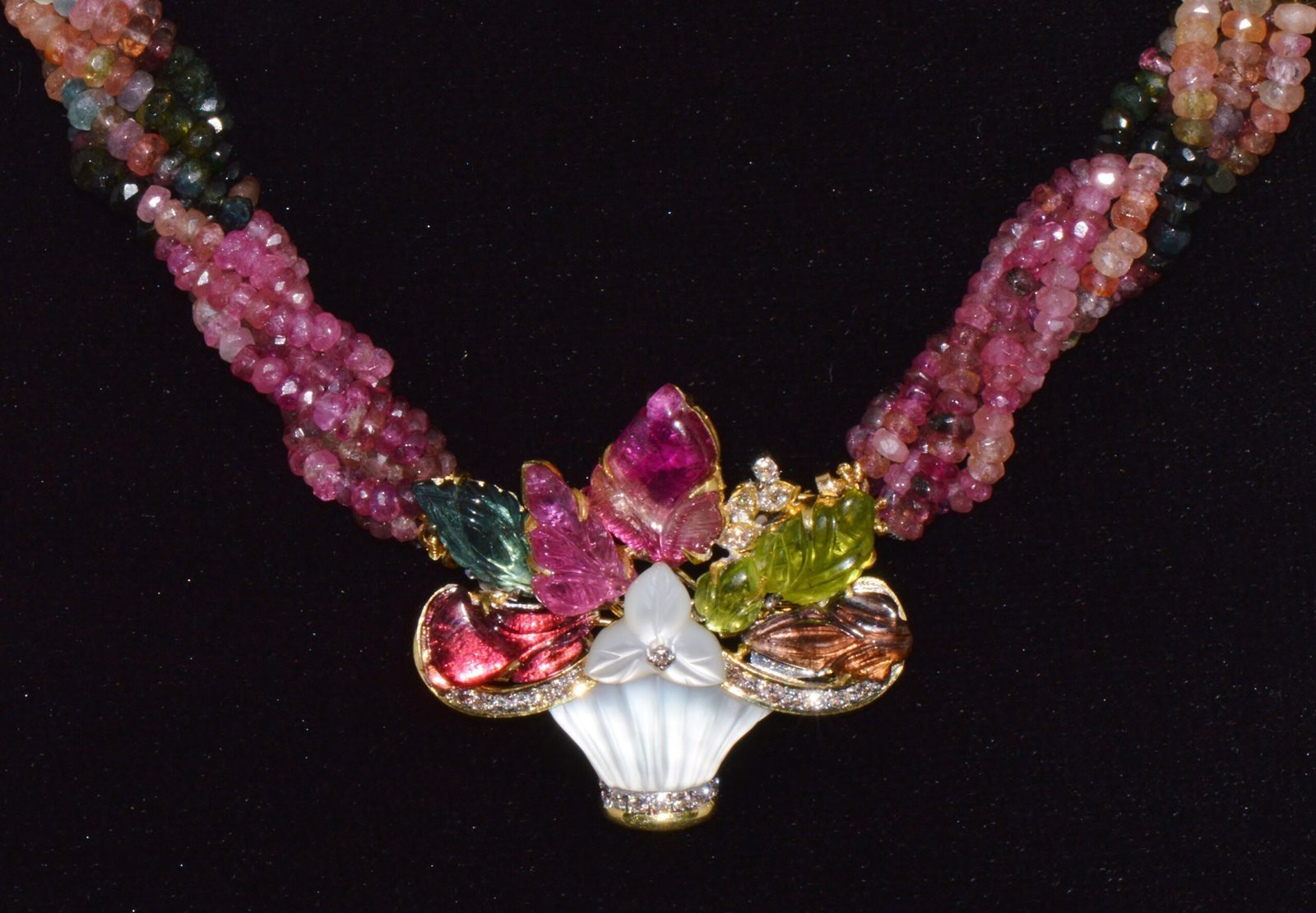 Certified Natural 281.22Cts SI H Diamond Multi Tourmaline Peridot 18K Gold Pendant Brooch Necklace