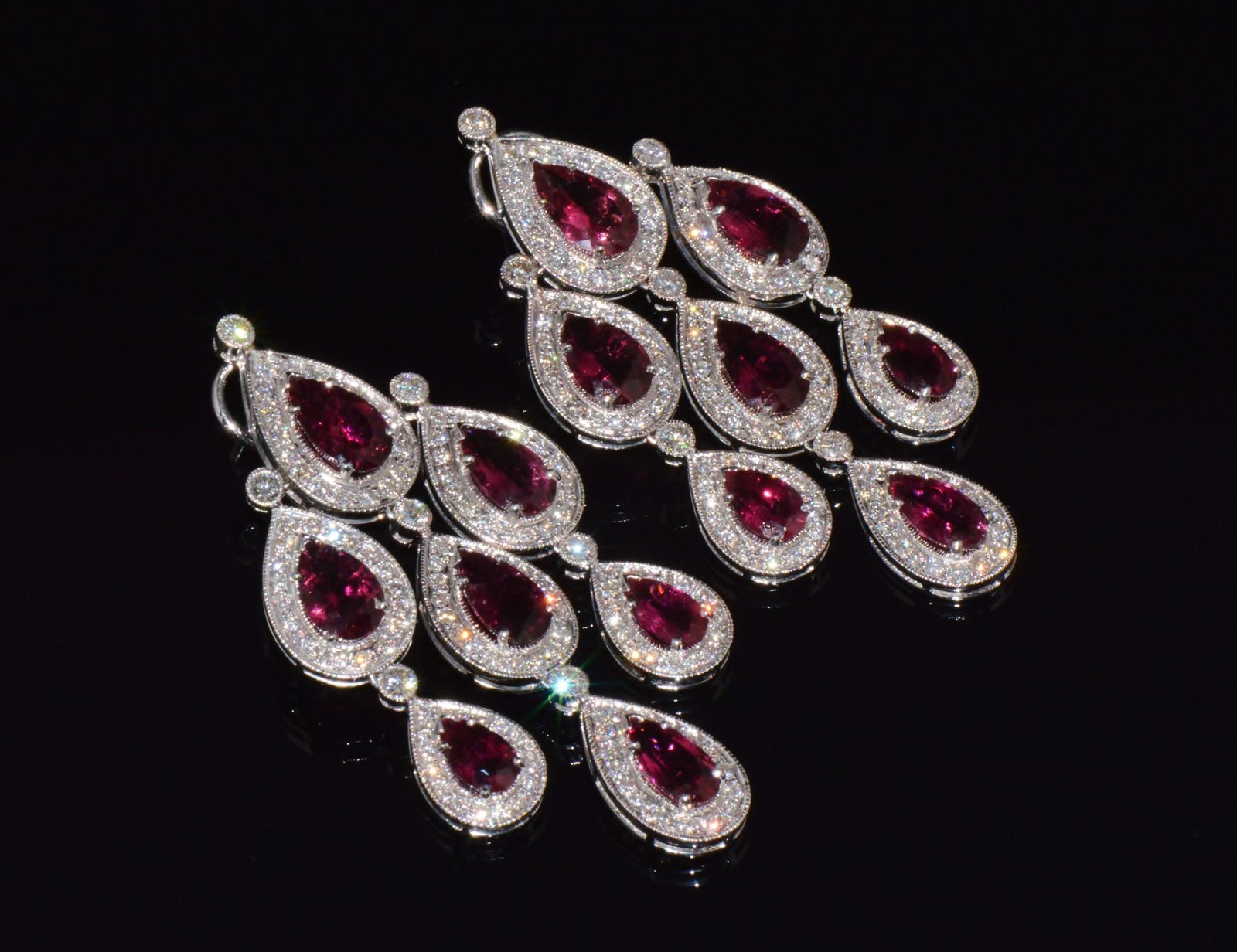 Certified Natural 23.53CTS VS F Diamond Rubellite Tourmaline Chandelier Halo Earrings