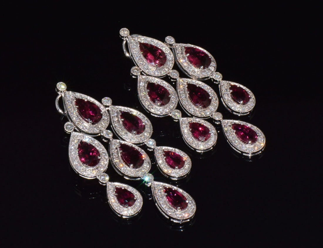Certified Natural 23.53CTS VS F Diamond Rubellite Tourmaline Chandelier Halo Earrings