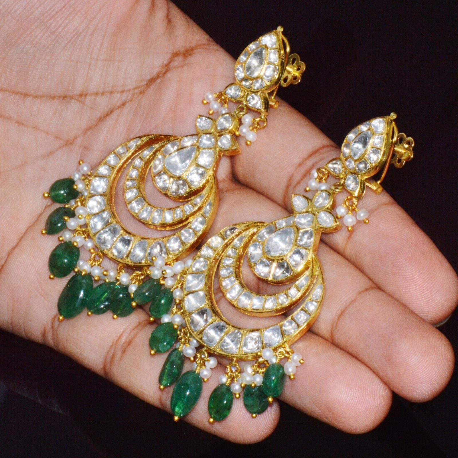 Estate Natural 36.6CTS Polki Diamond Emerald 22K 18K Gold Chandelier Earrings