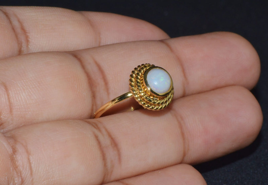 Certified Natural 1.18Cts Cabochon Opal 750 18K Solid Gold Bezel Filigree Stacking Ring