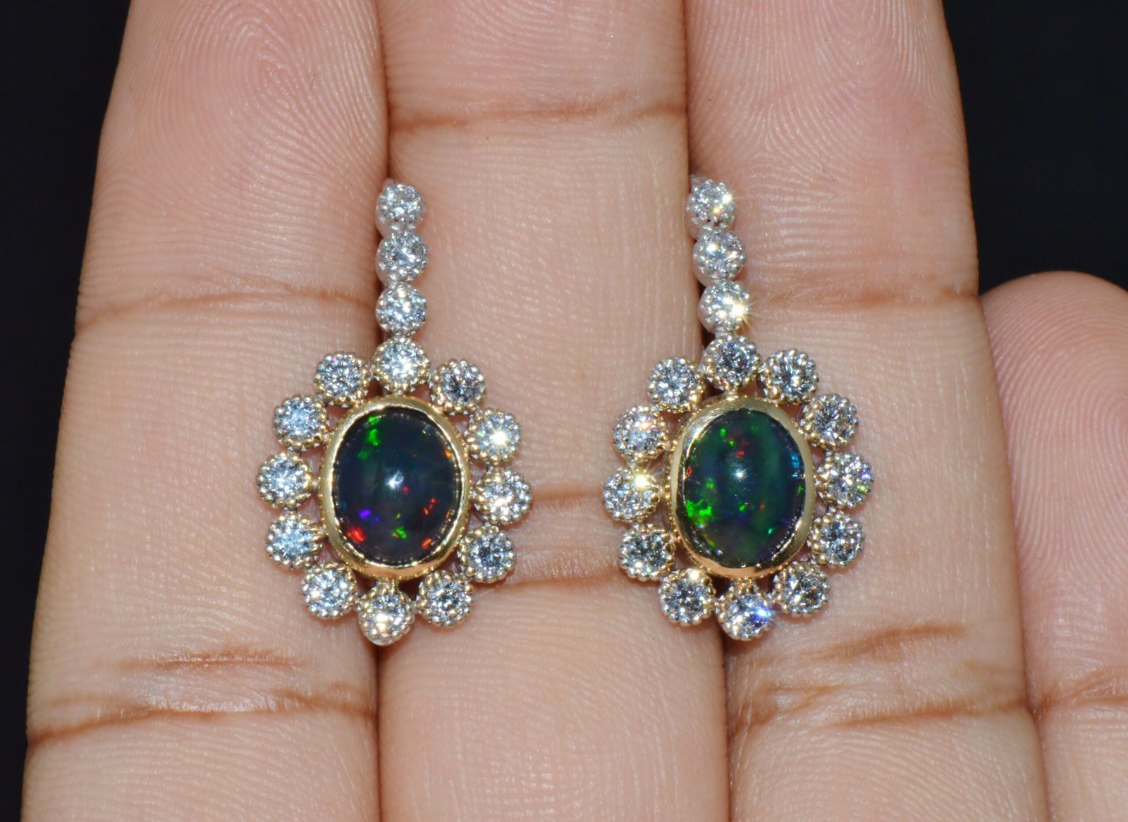 Certified Natural 4.52CTS VS F Diamond Black Opal 18K Solid Gold Halo Dangle Earrings