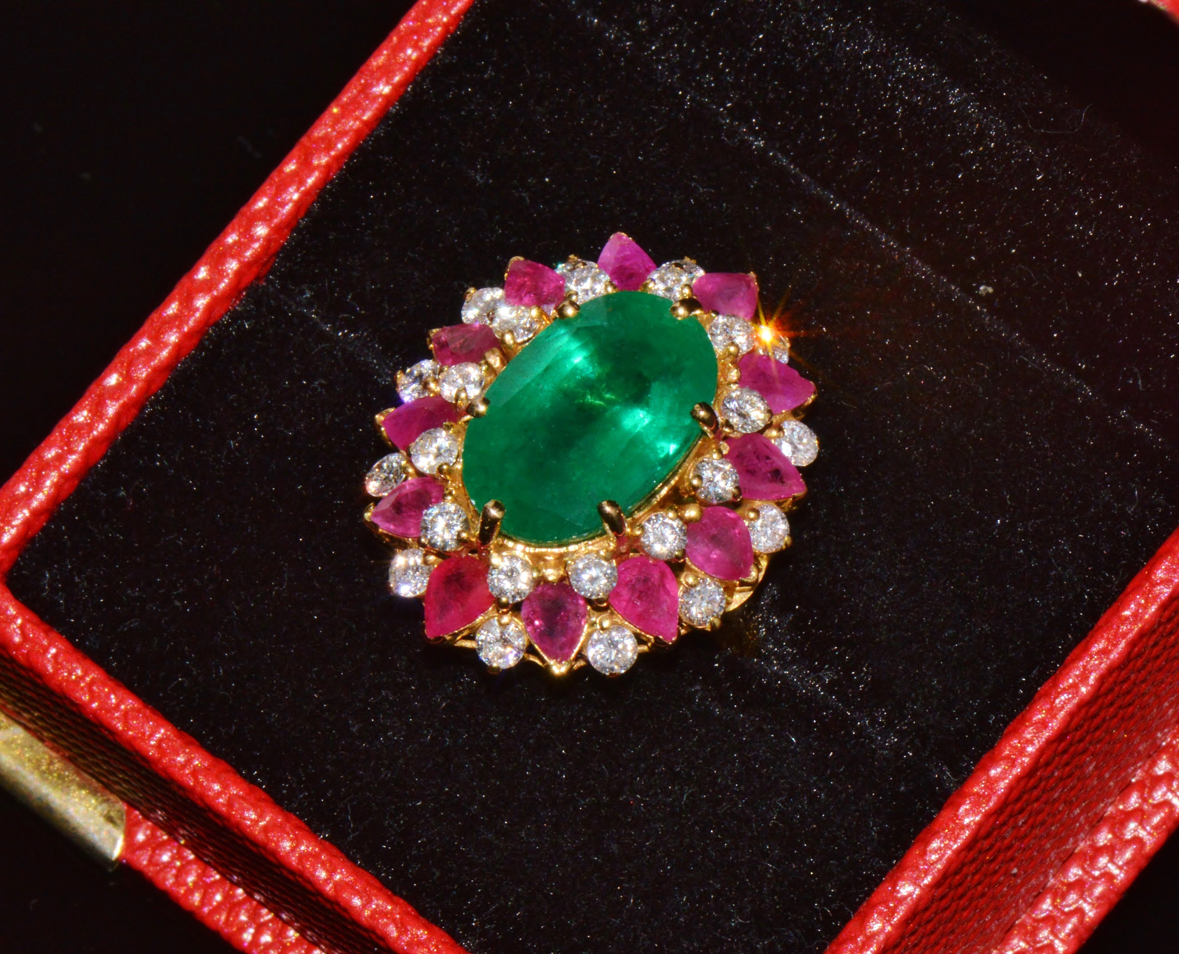 GIA Certified 11.39Ct Zambian Emerald, Ruby & Diamond 18K Gold Cocktail Ring